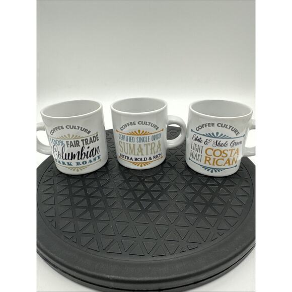 3 Boston Warehouse Trading Co. Espresso Cups. Colombian, Sumatra, Costa Rican - Picture 1 of 8